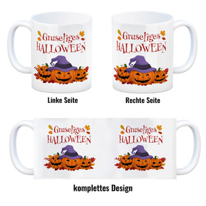 Gruseliges Halloween Kaffeebecher mit grinsenden Kürbissen
