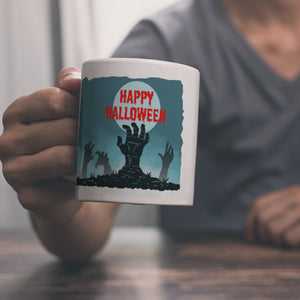 Happy Halloween Kaffeebecher mit gruseligen Zombiehänden