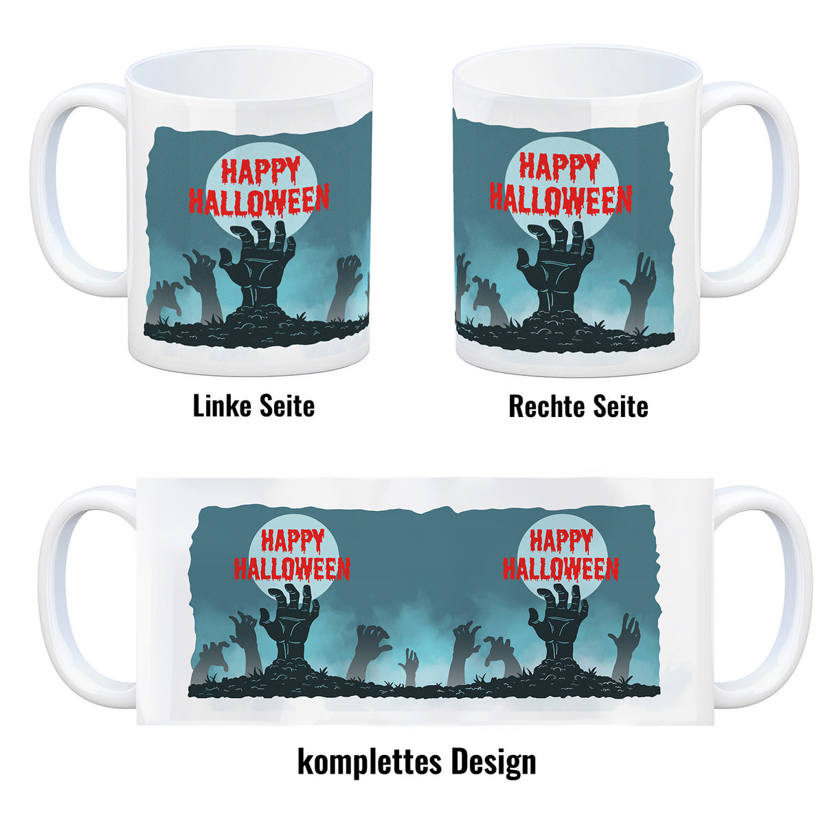 Happy Halloween Kaffeebecher mit gruseligen Zombiehänden