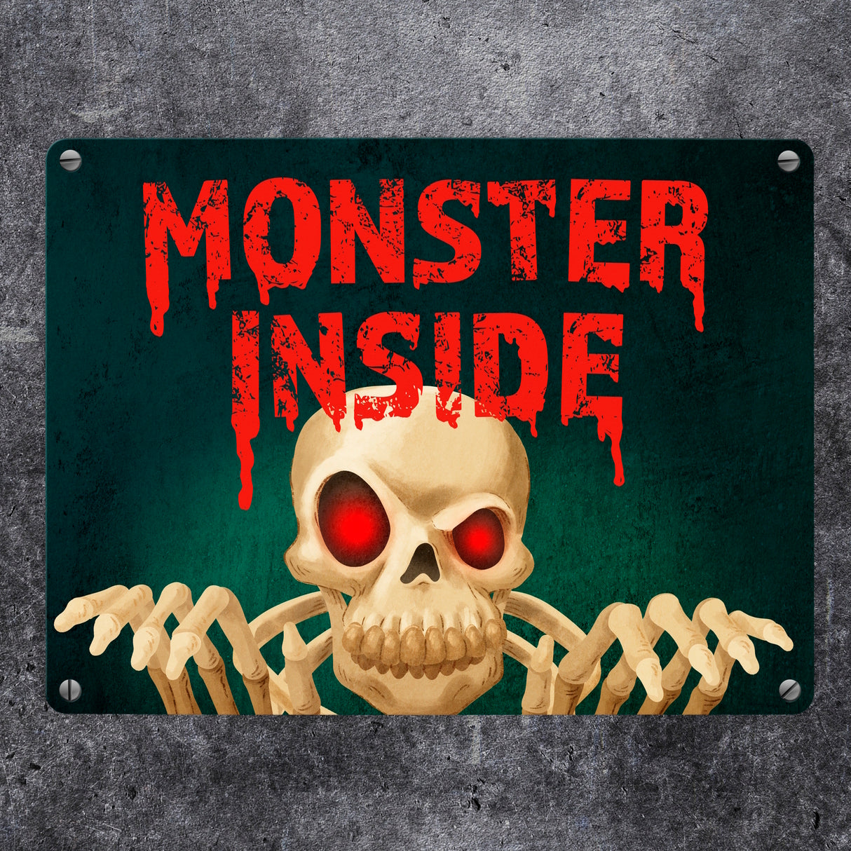 Monster Inside Halloween Metallschild mit gruseligem Skelett Motiv