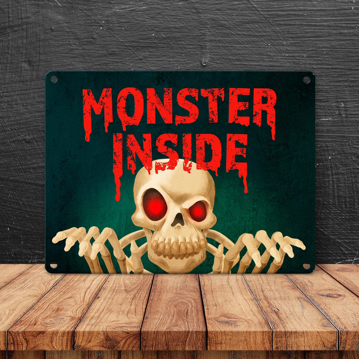 Monster Inside Halloween Metallschild mit gruseligem Skelett Motiv