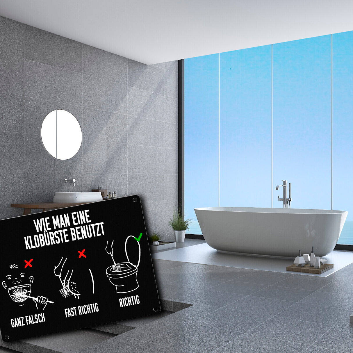 Wie man eine Klobürste benutzt Toiletten Metallschild