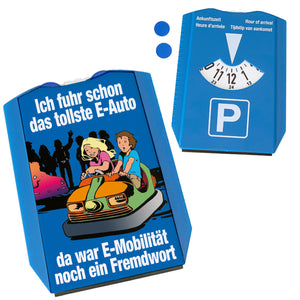 Boxauto als E-Auto Parkscheibe mit Spruch zu E-Mobilität in blau