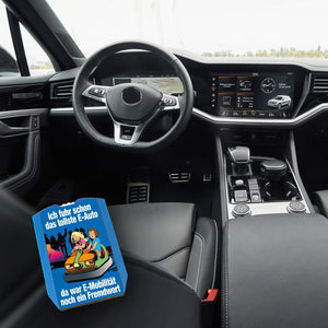 Boxauto als E-Auto Parkscheibe mit Spruch zu E-Mobilität in blau