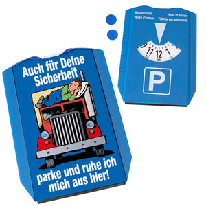 Ruhezeit für LKW-Fahrer Comic Parkscheibe in blau