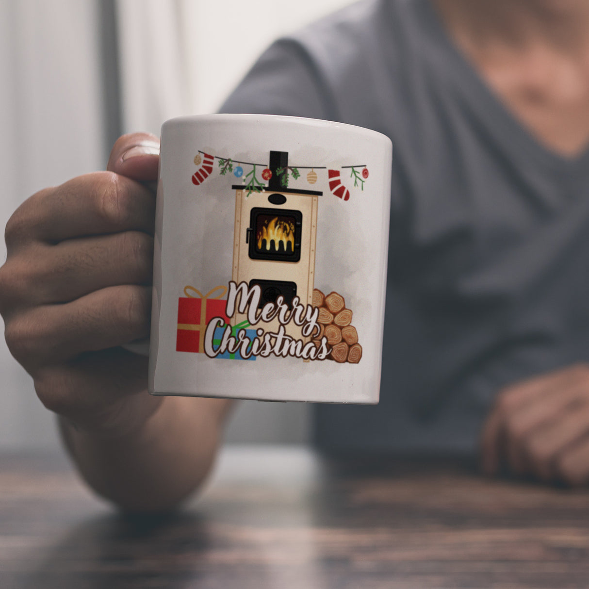 Merry Christmas Holzofen Kaffeebecher für Weihnachten