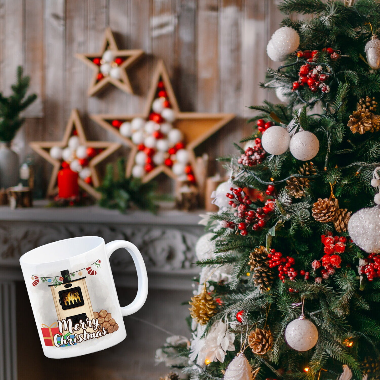 Merry Christmas Holzofen Kaffeebecher für Weihnachten