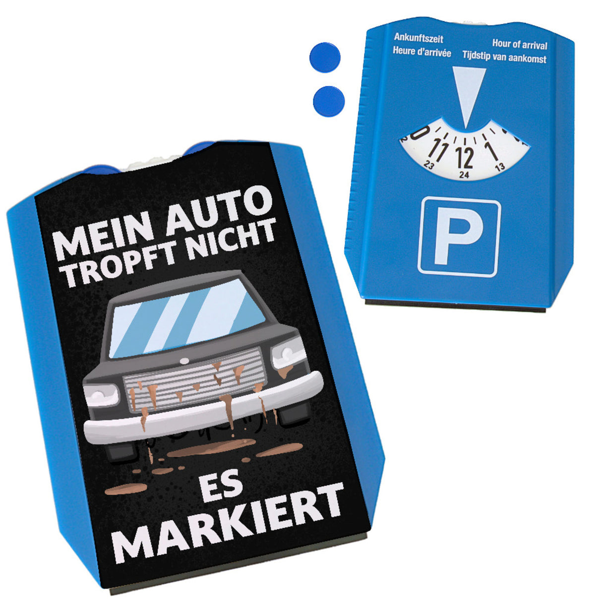 Auto tropft nicht - es markiert Parkscheibe in grau mit 2 Einkaufswagenchips