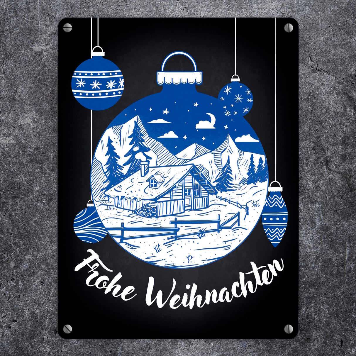 Frohe Weihnachten Metallschild mit Weihnachtskugeln