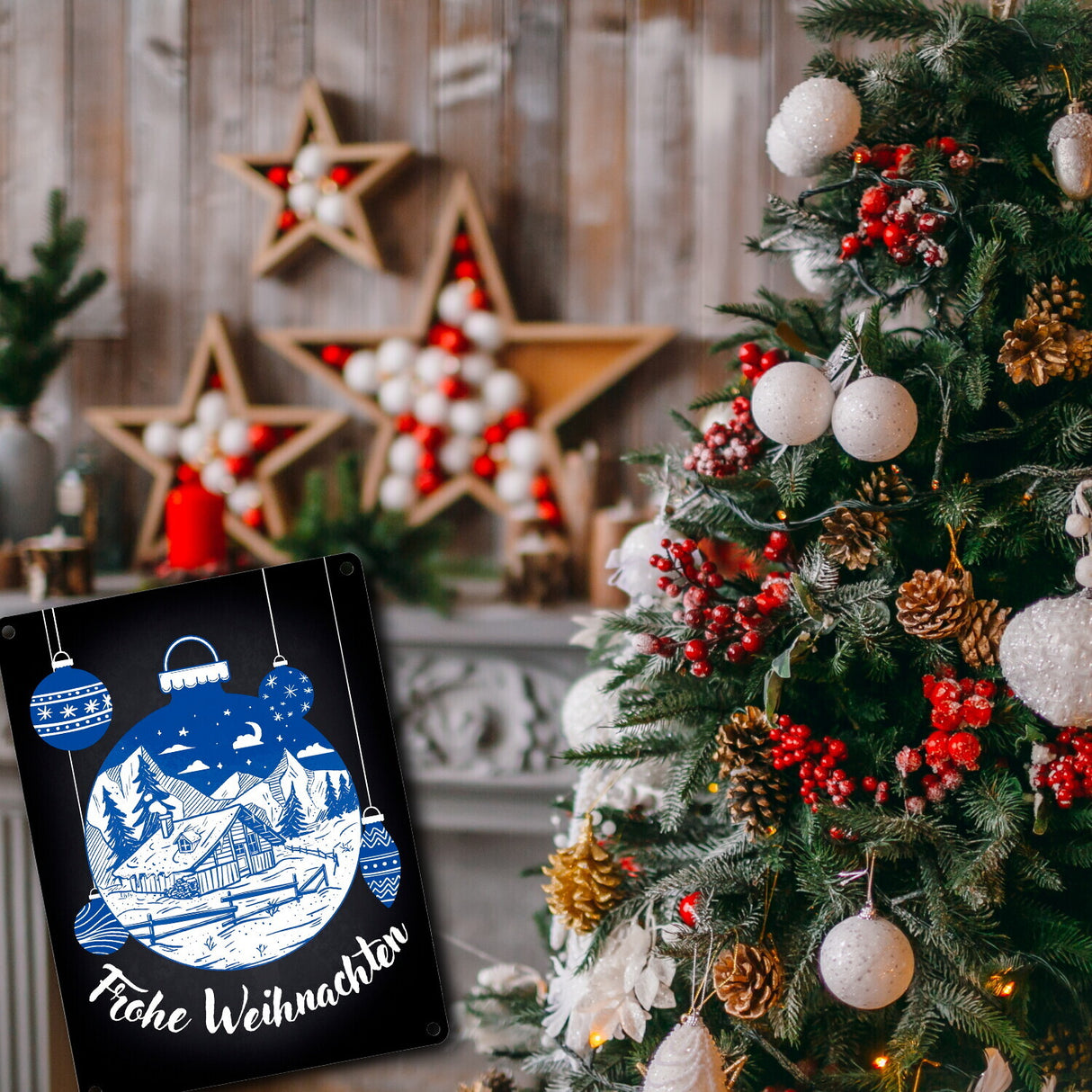 Frohe Weihnachten Metallschild mit Weihnachtskugeln