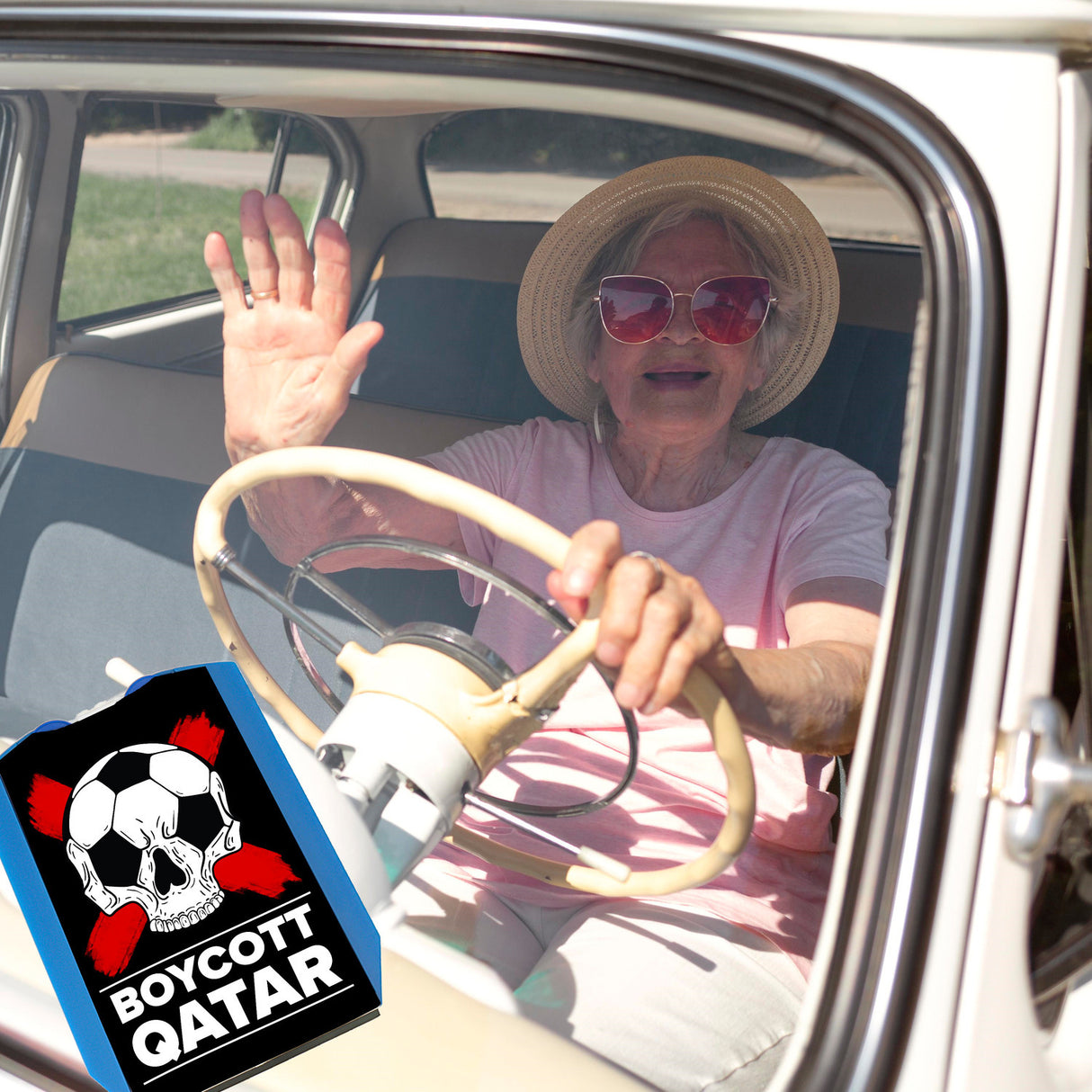 Boycott Qatar Parkscheibe mit Fußball-Totenkopf und 2 Einkaufswagenchips