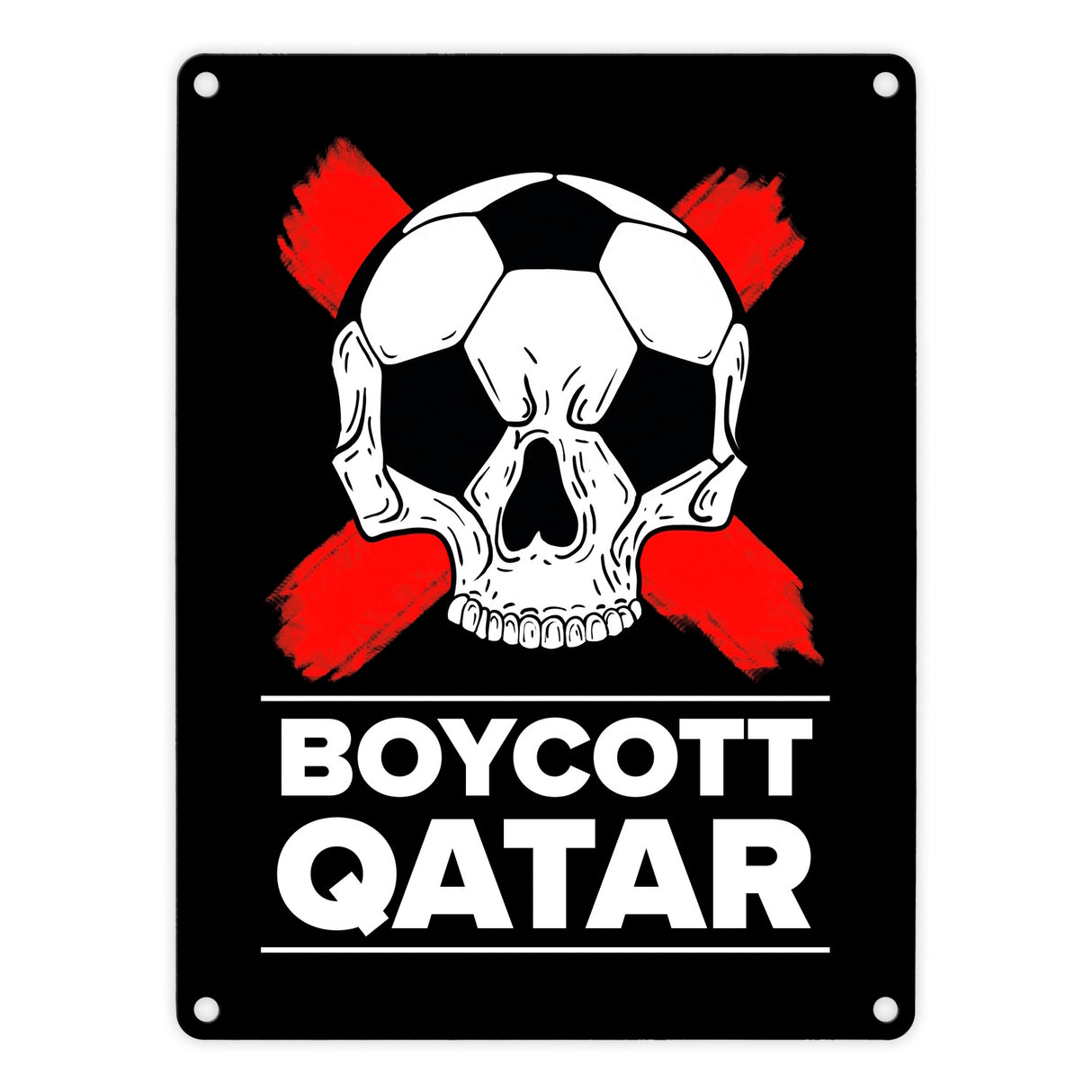 Boycott Qatar Metallschild mit Fußball-Totenkopf