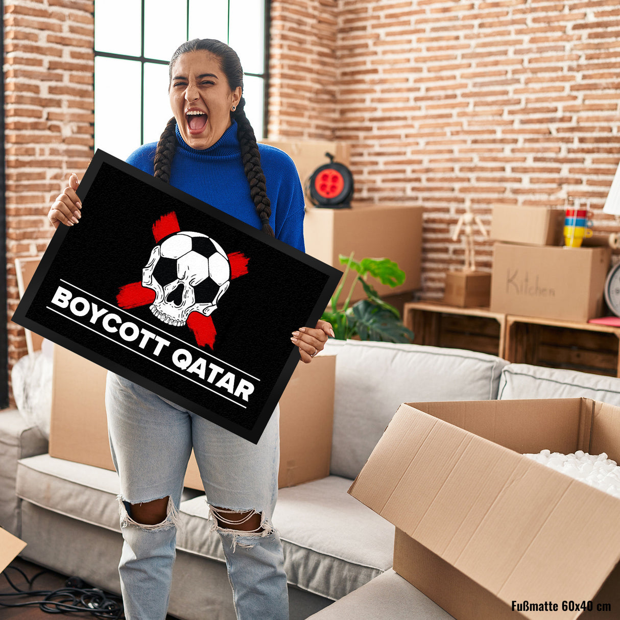 Boycott Qatar Fußmatte mit Fußball-Totenkopf
