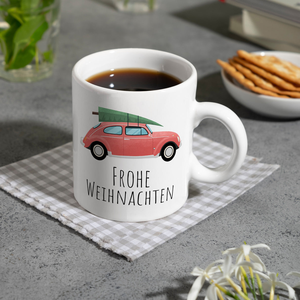Frohe Weihnachten Auto mit Tannenbaum Kaffeebecher