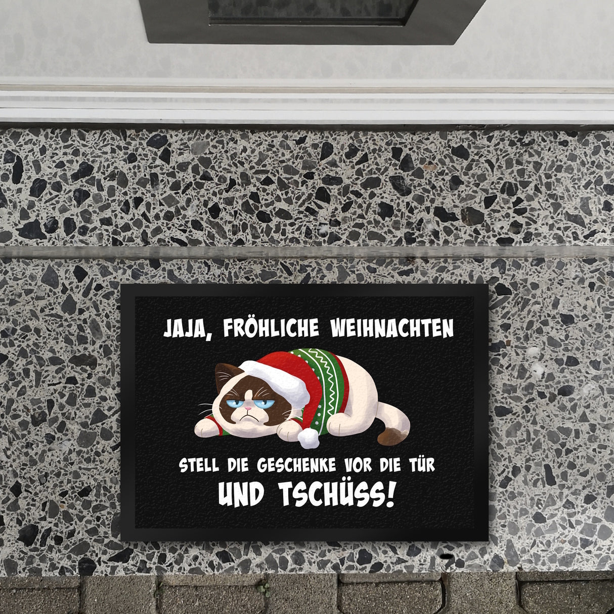 Jaja fröhliche Weihnachten mit grummeliger Katze Fußmatte