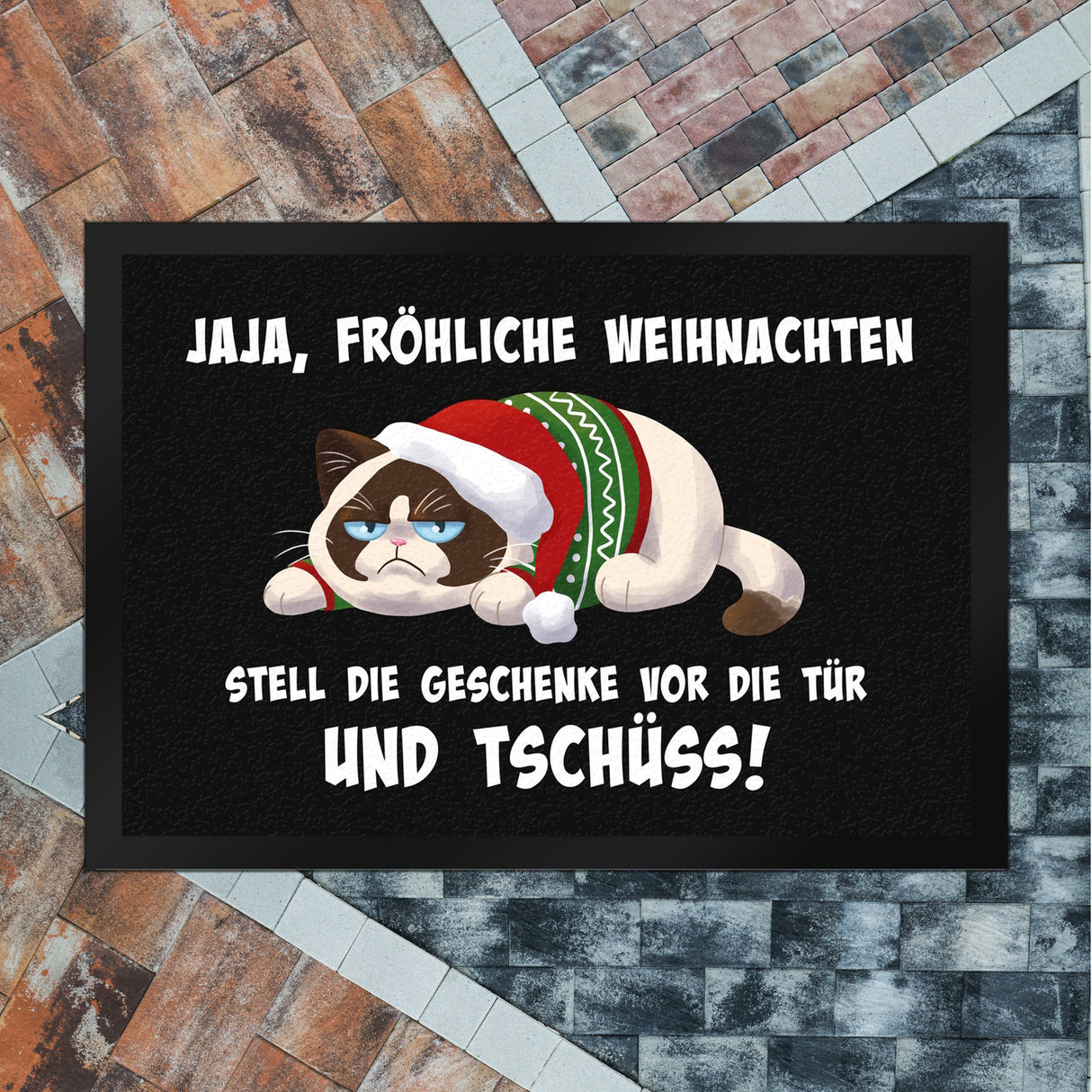 Jaja fröhliche Weihnachten mit grummeliger Katze Fußmatte