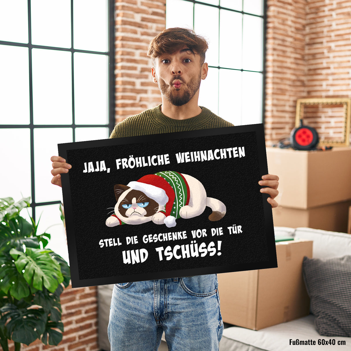 Jaja fröhliche Weihnachten mit grummeliger Katze Fußmatte