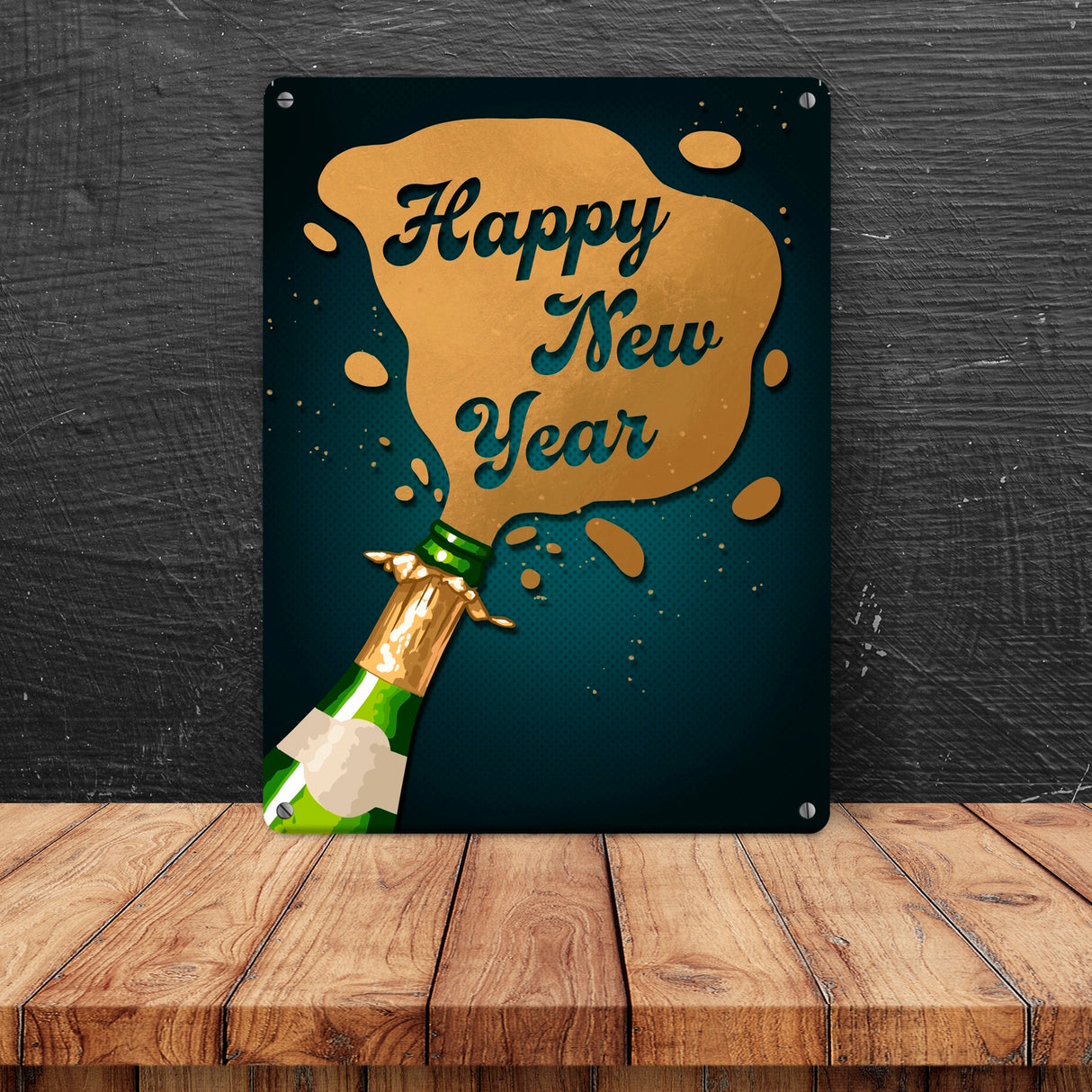Sektflasche Happy New Year Metallschild