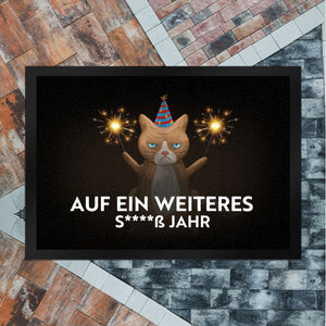 Mürrische Katze auf ein weiters scheiß Jahr Fußmatte