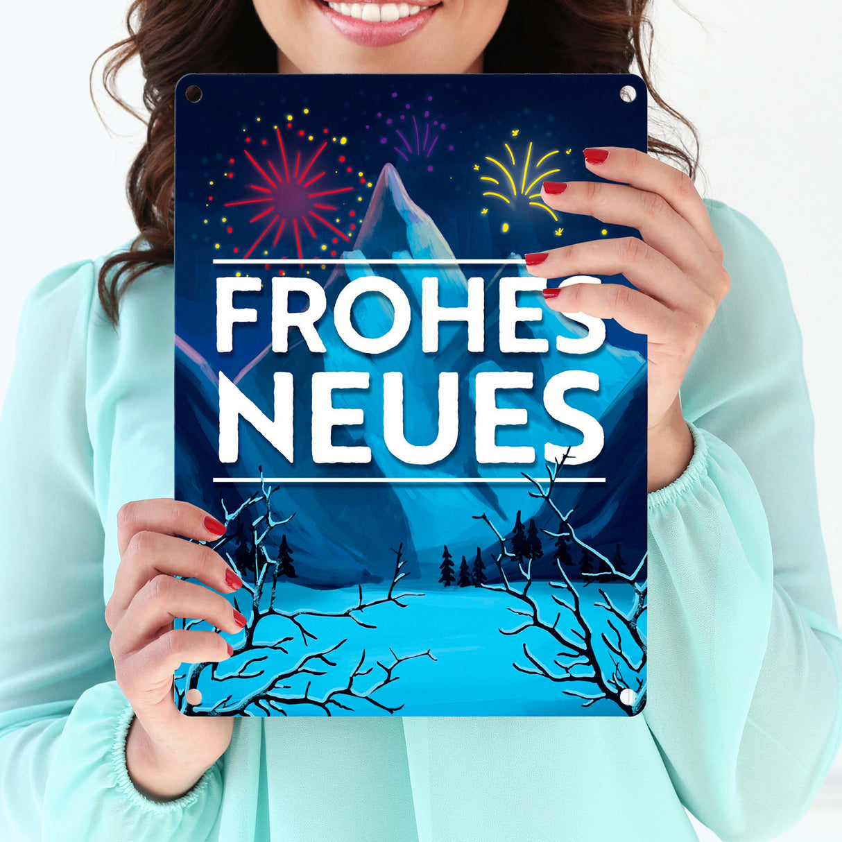 Feuerwerk über Winterlandschaft Frohes Neues Metallschild