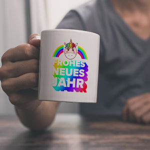 Frohes neues Jahr Regenbogen und Einhorn Kaffeebecher