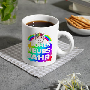Frohes neues Jahr Regenbogen und Einhorn Kaffeebecher