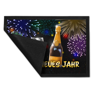 Frohes neues Jahr Fußmatte mit Sekt und Feuerwerk