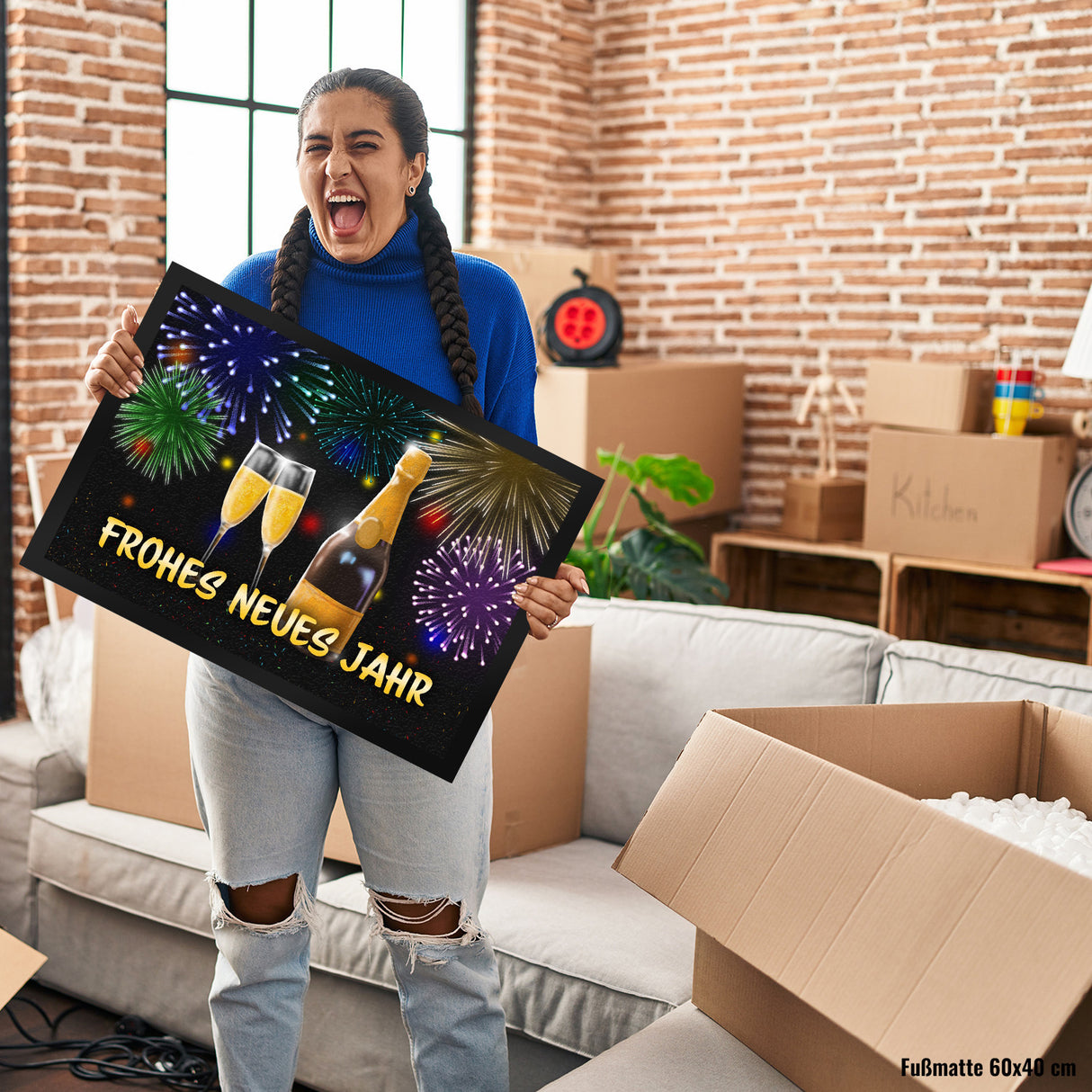 Frohes neues Jahr Fußmatte mit Sekt und Feuerwerk