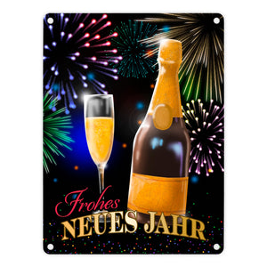 Frohes neues Jahr Metallschild mit Sekt und Feuerwerk