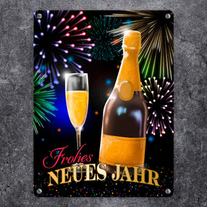 Frohes neues Jahr Metallschild mit Sekt und Feuerwerk