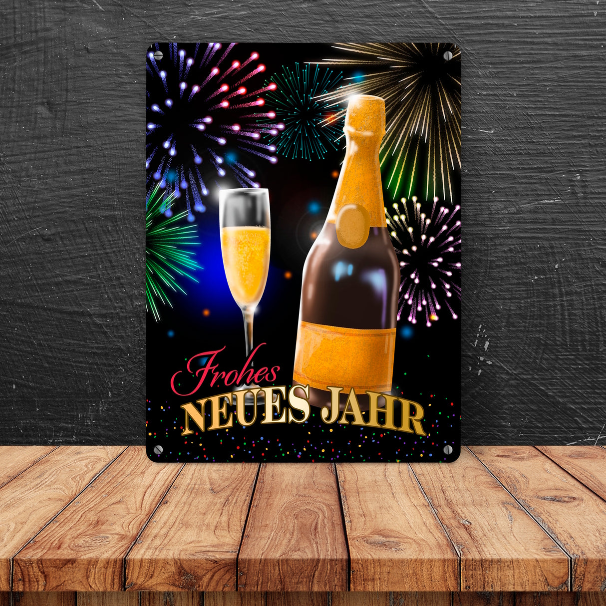 Frohes neues Jahr Metallschild mit Sekt und Feuerwerk