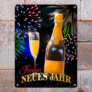 Frohes neues Jahr Metallschild mit Sekt und Feuerwerk