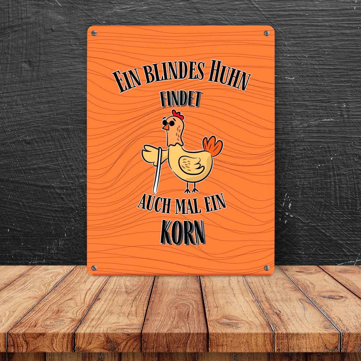 Blindes Huhn Metallschild in 15x20 cm mit Spruch