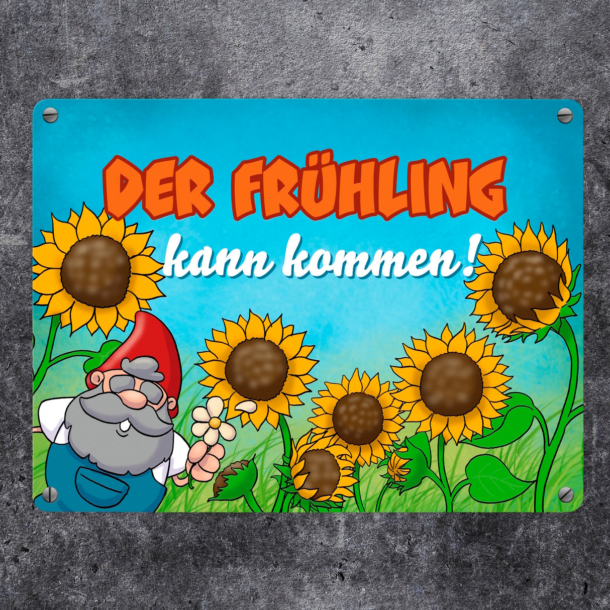Gartenzwerg Metallschild mit Spruch Der Frühling kann kommen