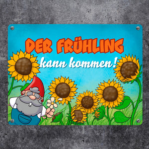 Gartenzwerg Metallschild mit Spruch Der Frühling kann kommen