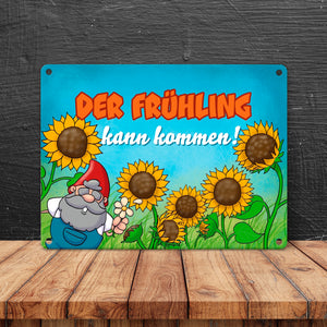 Gartenzwerg Metallschild mit Spruch Der Frühling kann kommen