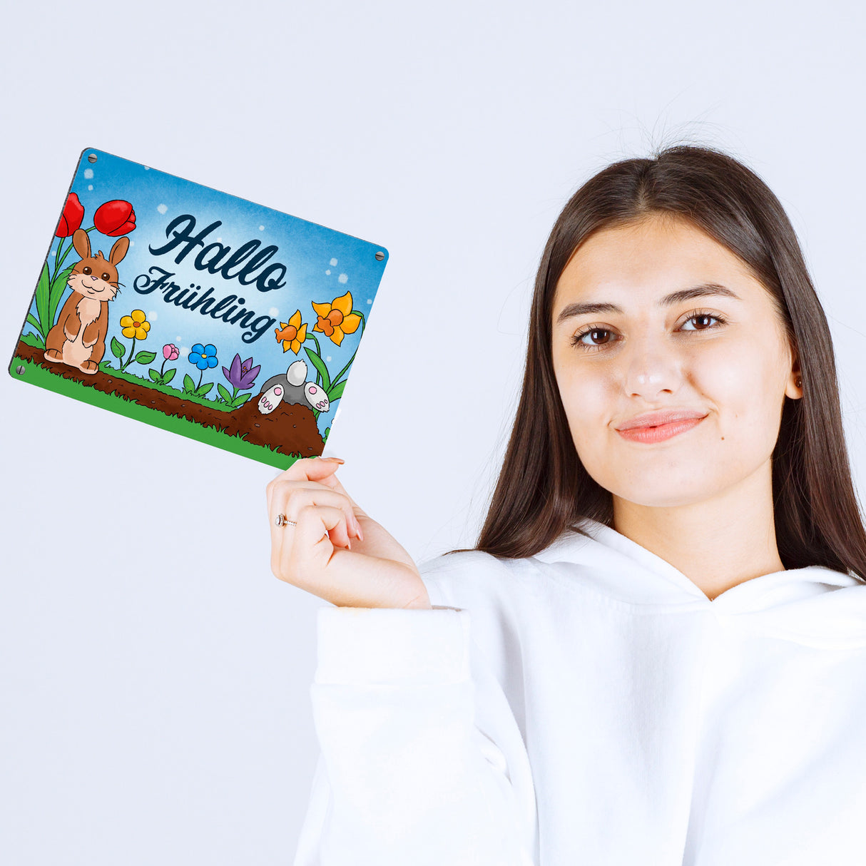 Hallo Frühling Metallschild mit süßen Hasen für Ostern