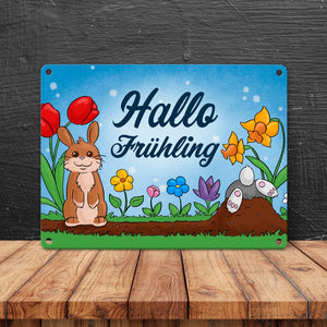 Hallo Frühling Metallschild mit süßen Hasen für Ostern
