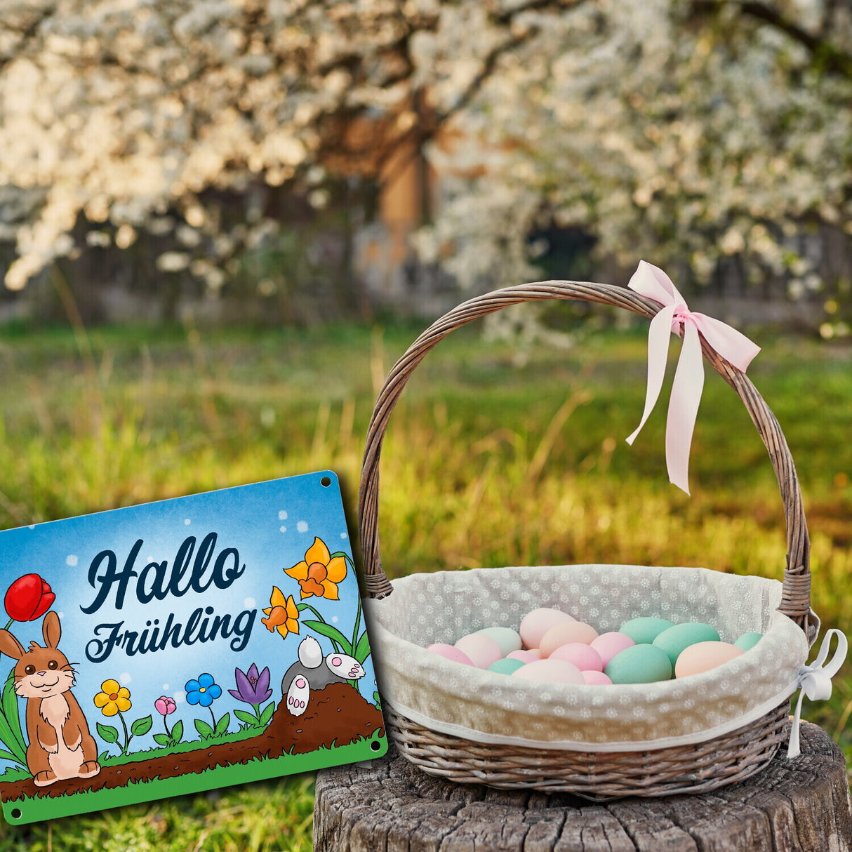 Hallo Frühling Metallschild mit süßen Hasen für Ostern
