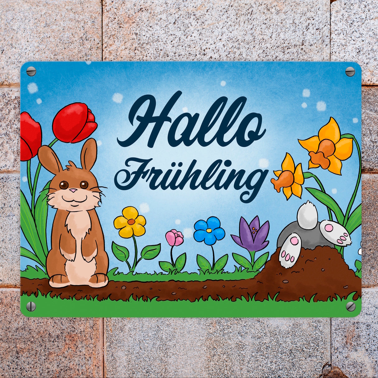 Hallo Frühling Metallschild mit süßen Hasen für Ostern