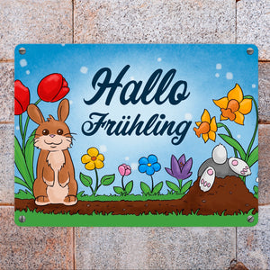 Hallo Frühling Metallschild mit süßen Hasen für Ostern