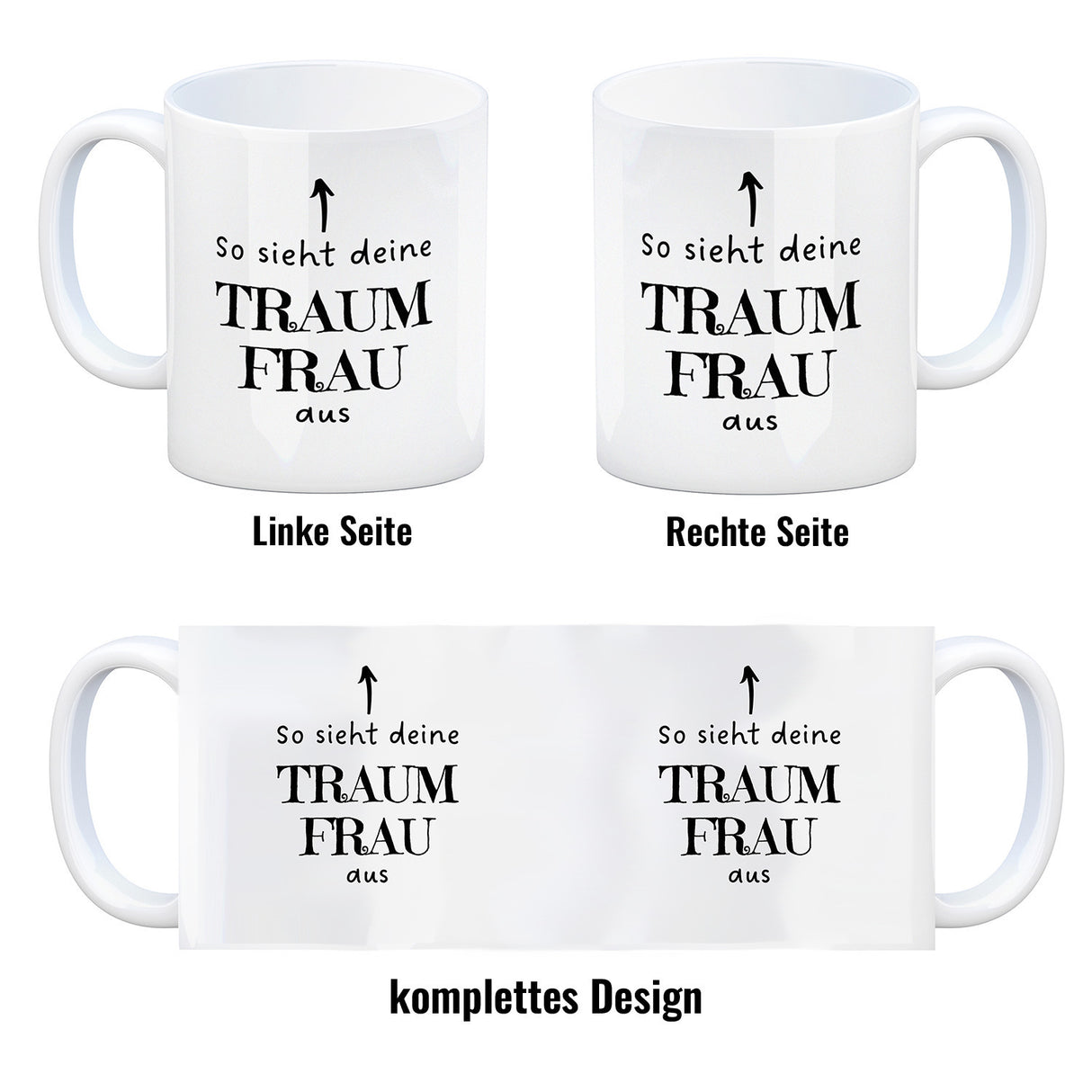 Traumfrau Kaffeebecher mit Spruch: So sieht deine Traumfrau aus