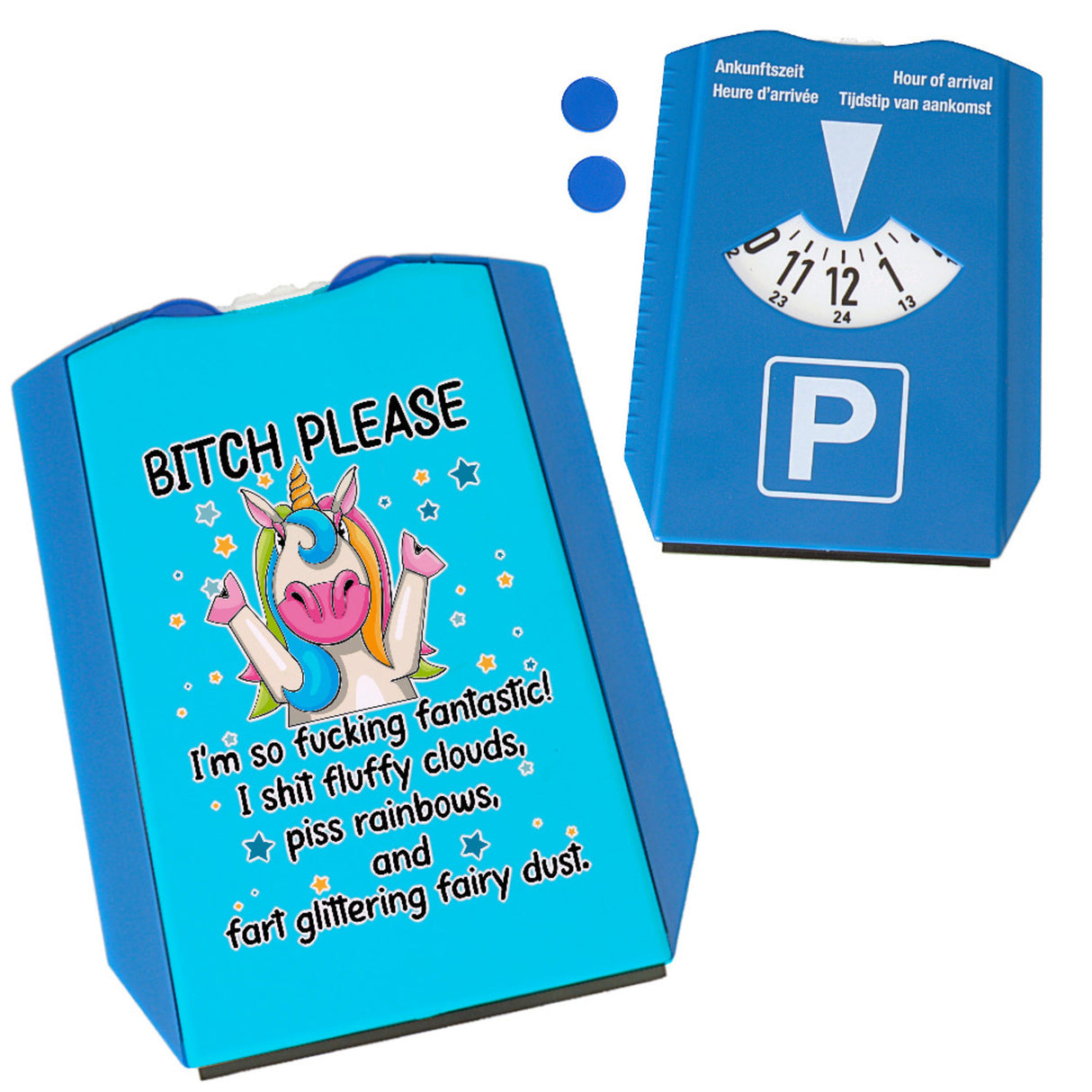 Einhorn Parkscheibe mit Spruch: Bitch Please und Einkaufswagenchips