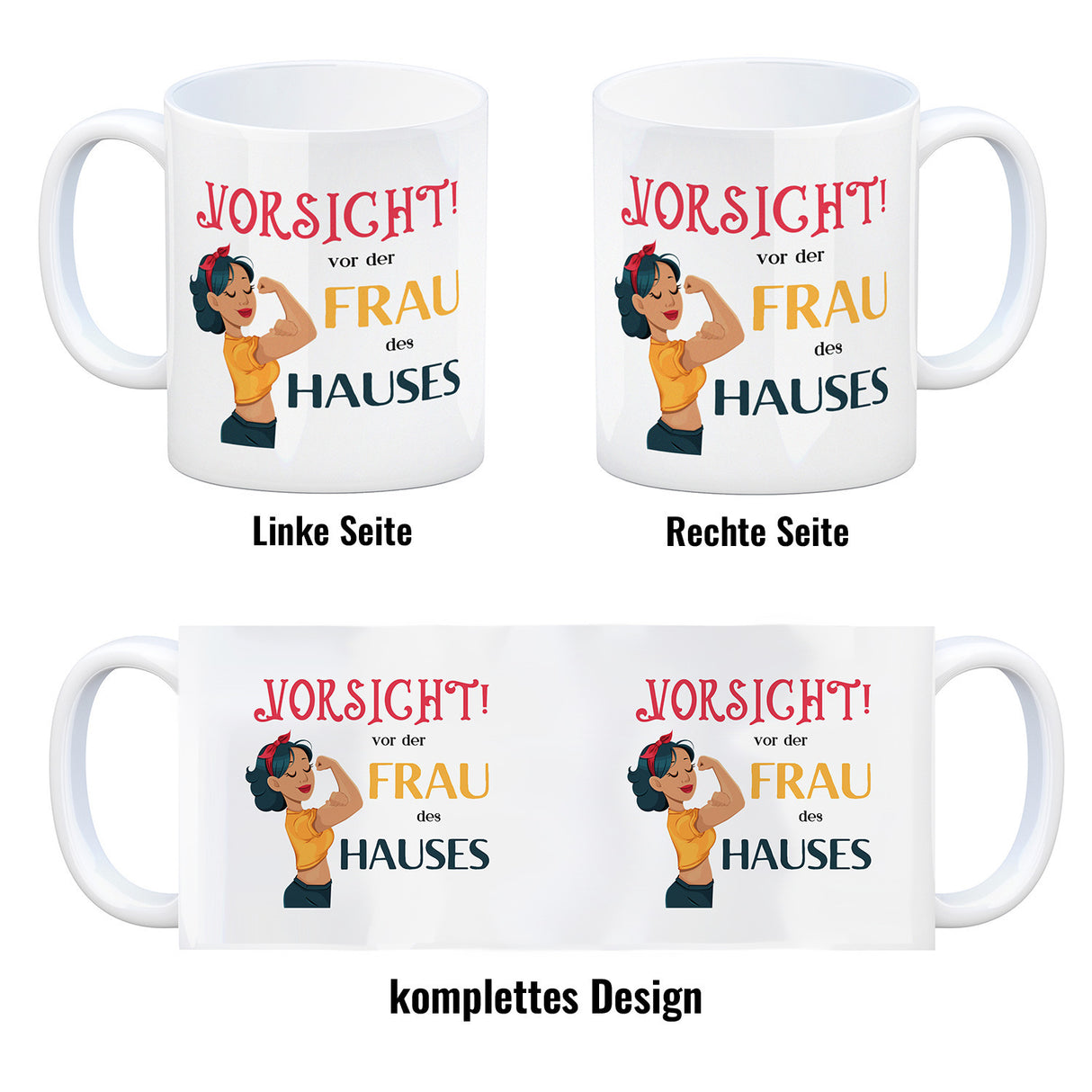 Hausfrau Kaffeebecher mit Spruch Vorsicht vor der Frau des Hauses