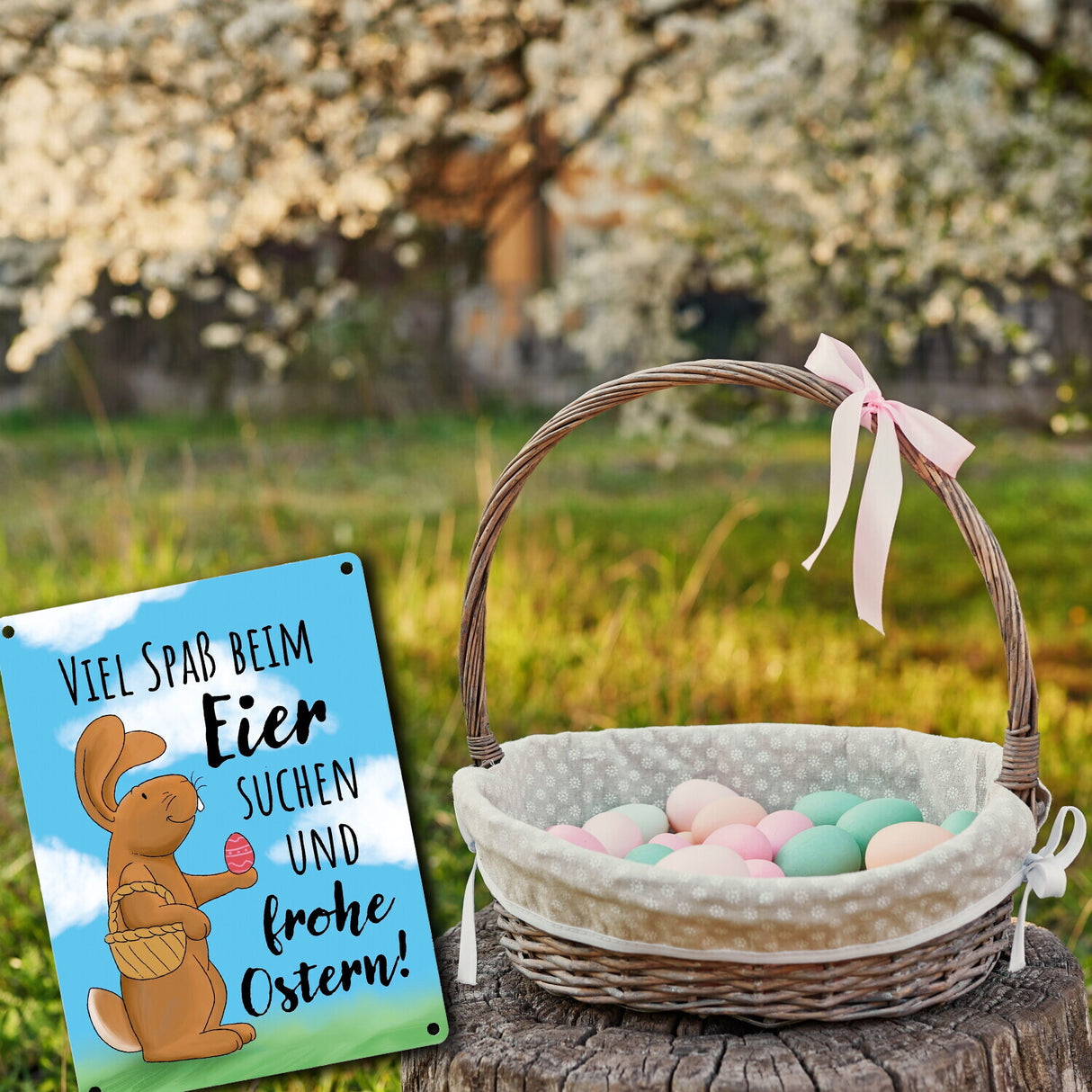 Eier suchen und frohe Ostern Metallschild mit niedlichem Hasen