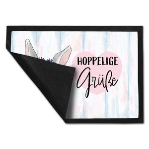 Hoppelige Grüße Fußmatte mit süßem Osterhase und Blumen