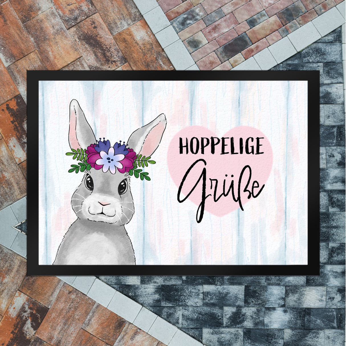 Hoppelige Grüße Fußmatte mit süßem Osterhase und Blumen