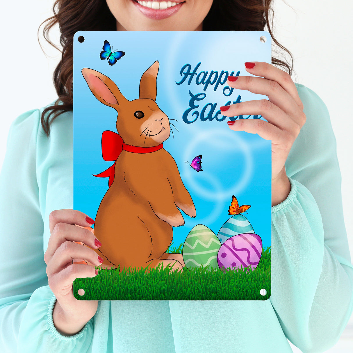 Happy Easter Metallschild mit Osterhase und Ostereiern