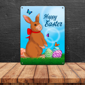 Happy Easter Metallschild mit Osterhase und Ostereiern