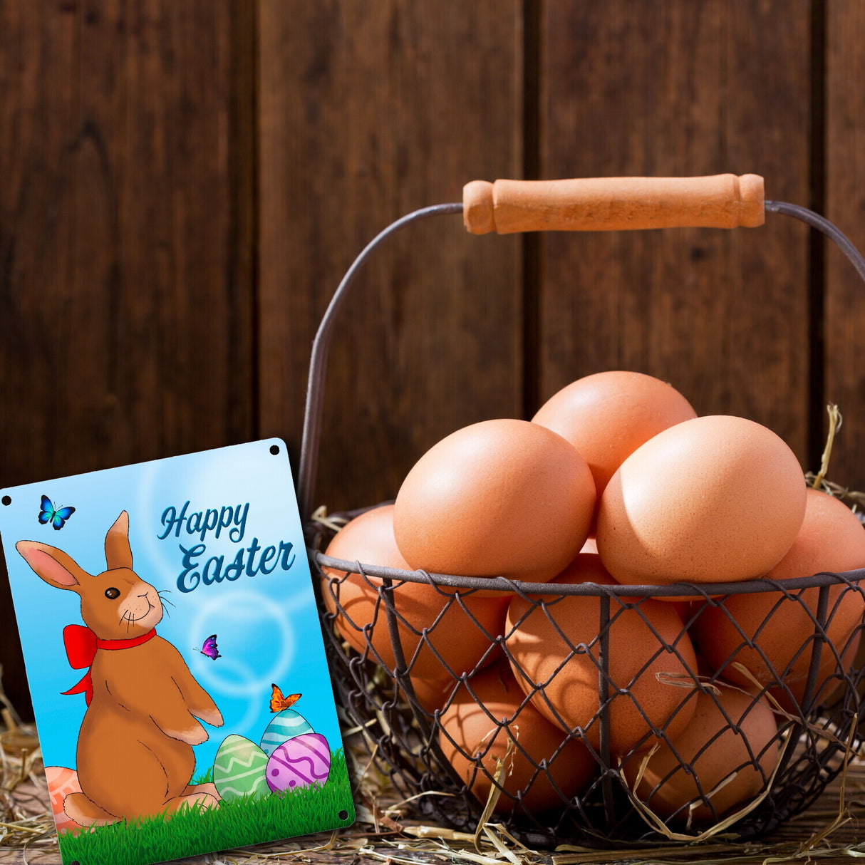 Happy Easter Metallschild mit Osterhase und Ostereiern